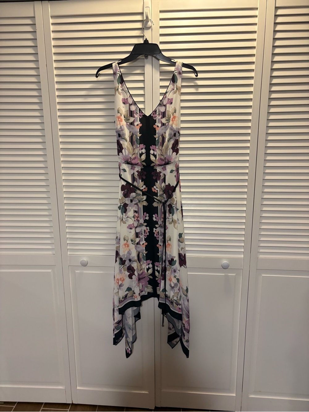 White House Black Market White Floral High-Low Dress with Purple Accents